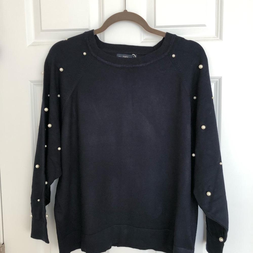 Brand New ZARA pearl embellished navy sweater